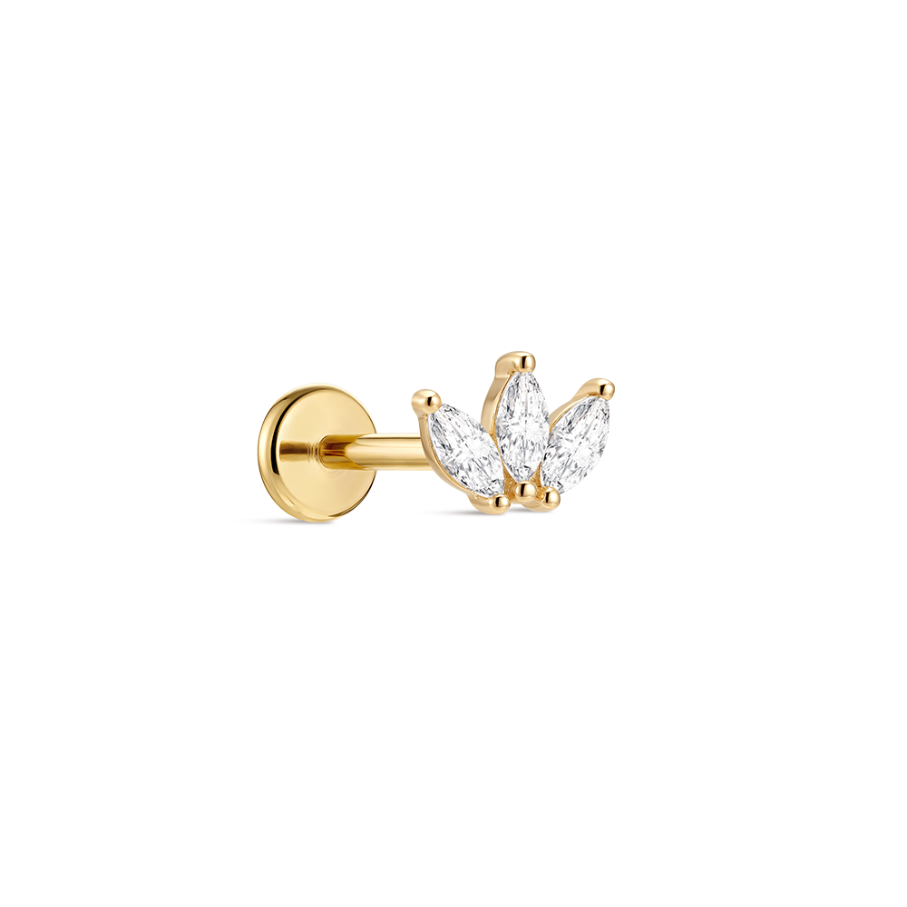 14K Gold Minimalist Geometric Marquise CZ Titanium Internally Threaded Flat Back Cartilage Stud | Hypoallergenic Piercing Jewelry
