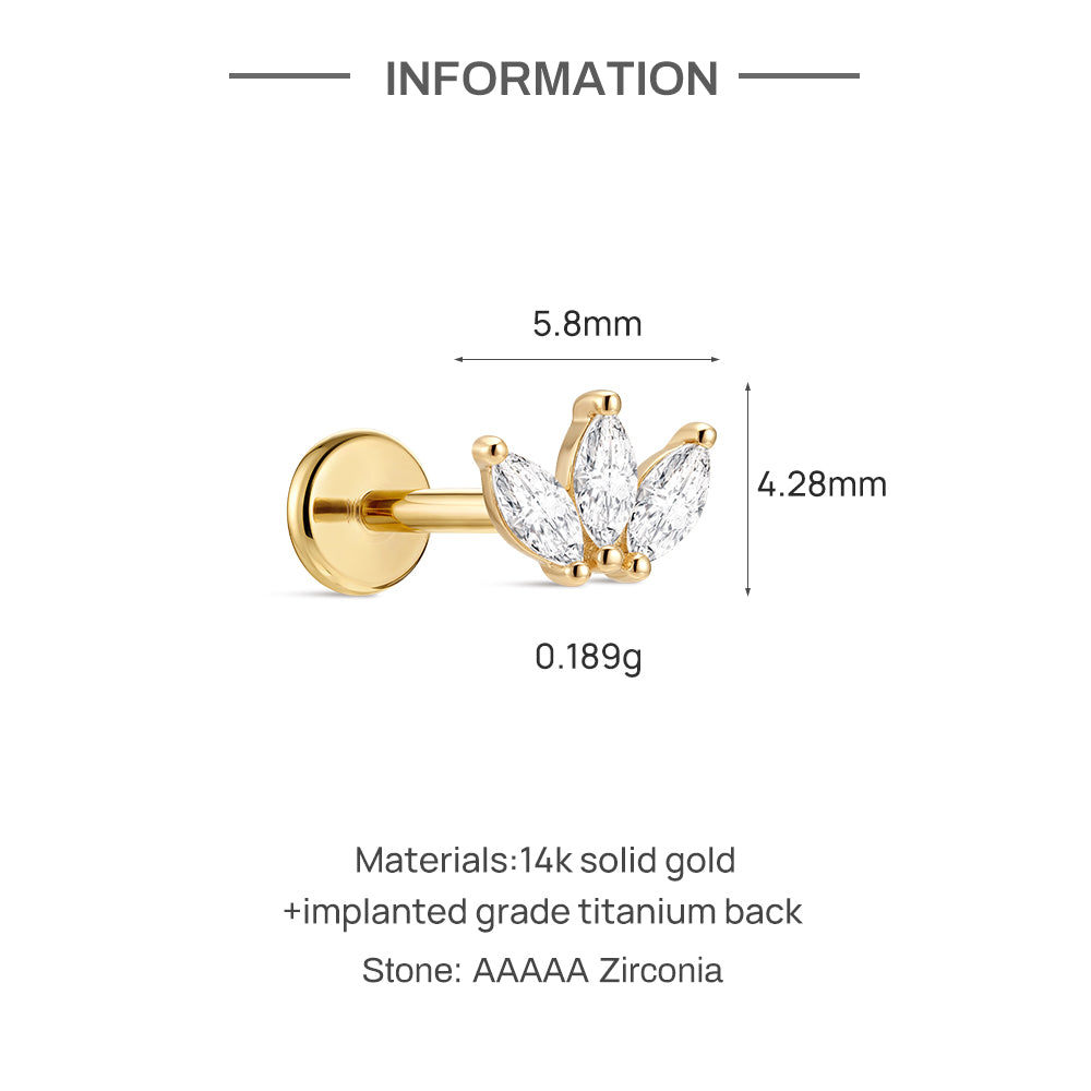 14K Gold Minimalist Geometric Marquise CZ Titanium Internally Threaded Flat Back Cartilage Stud | Hypoallergenic Piercing Jewelry