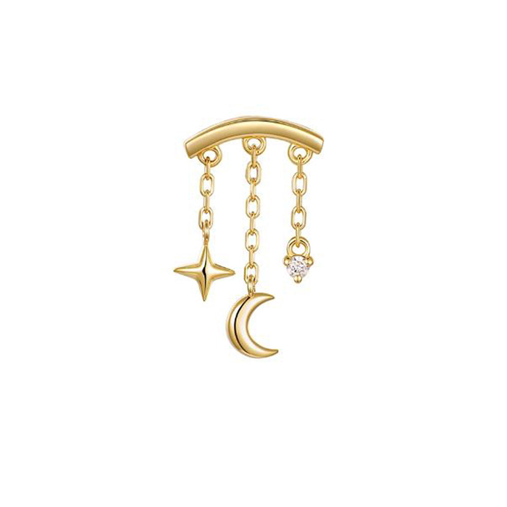 Celestial Star & Moon Ear Cuff with Chain Drops - 925 Sterling Silver