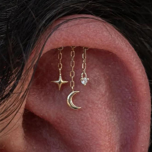 Celestial Star & Moon Ear Cuff with Chain Drops - 925 Sterling Silver
